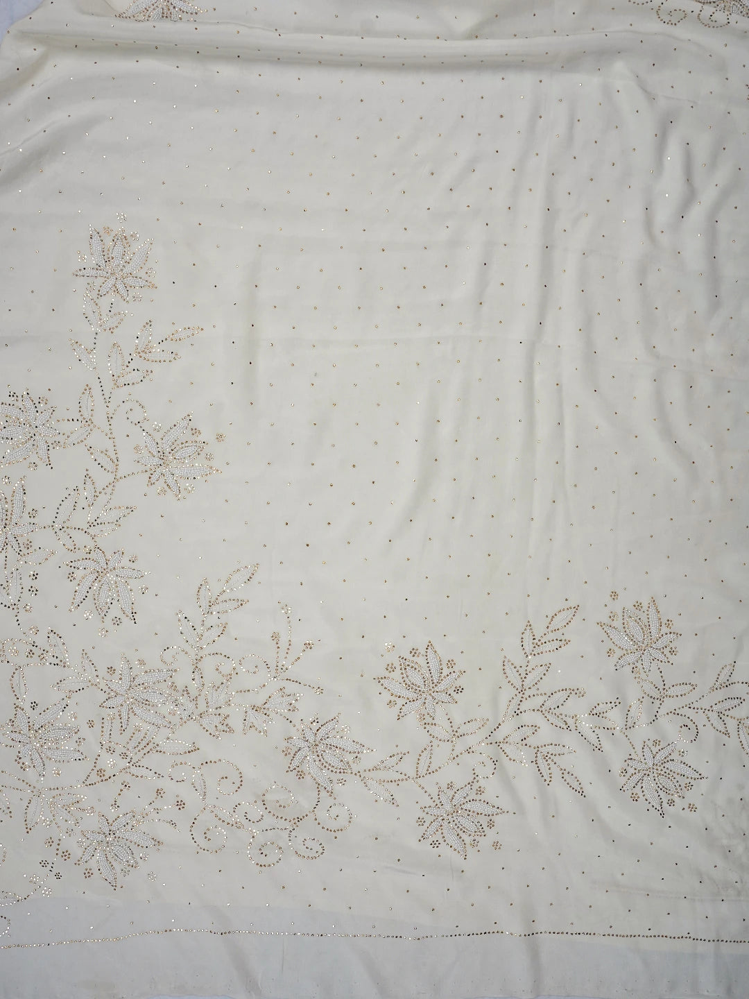 Ada Hand Embroidered White Pure Crepe Lucknowi Chikankari Saree and Blouse With Mukaish Work 01A509587