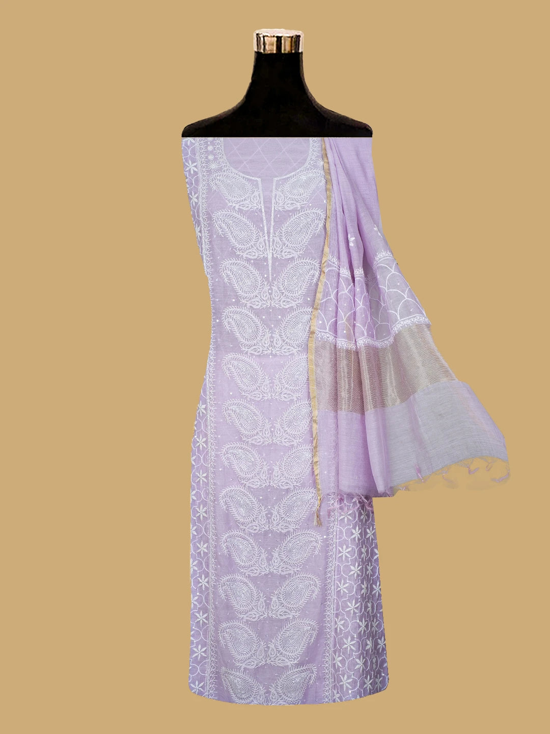 Ada Hand Embroidered Mauve Chanderi Lucknowi Chikankari Semi-Stitched Kurta Dupatta Set With Cutdana Work 01A744424