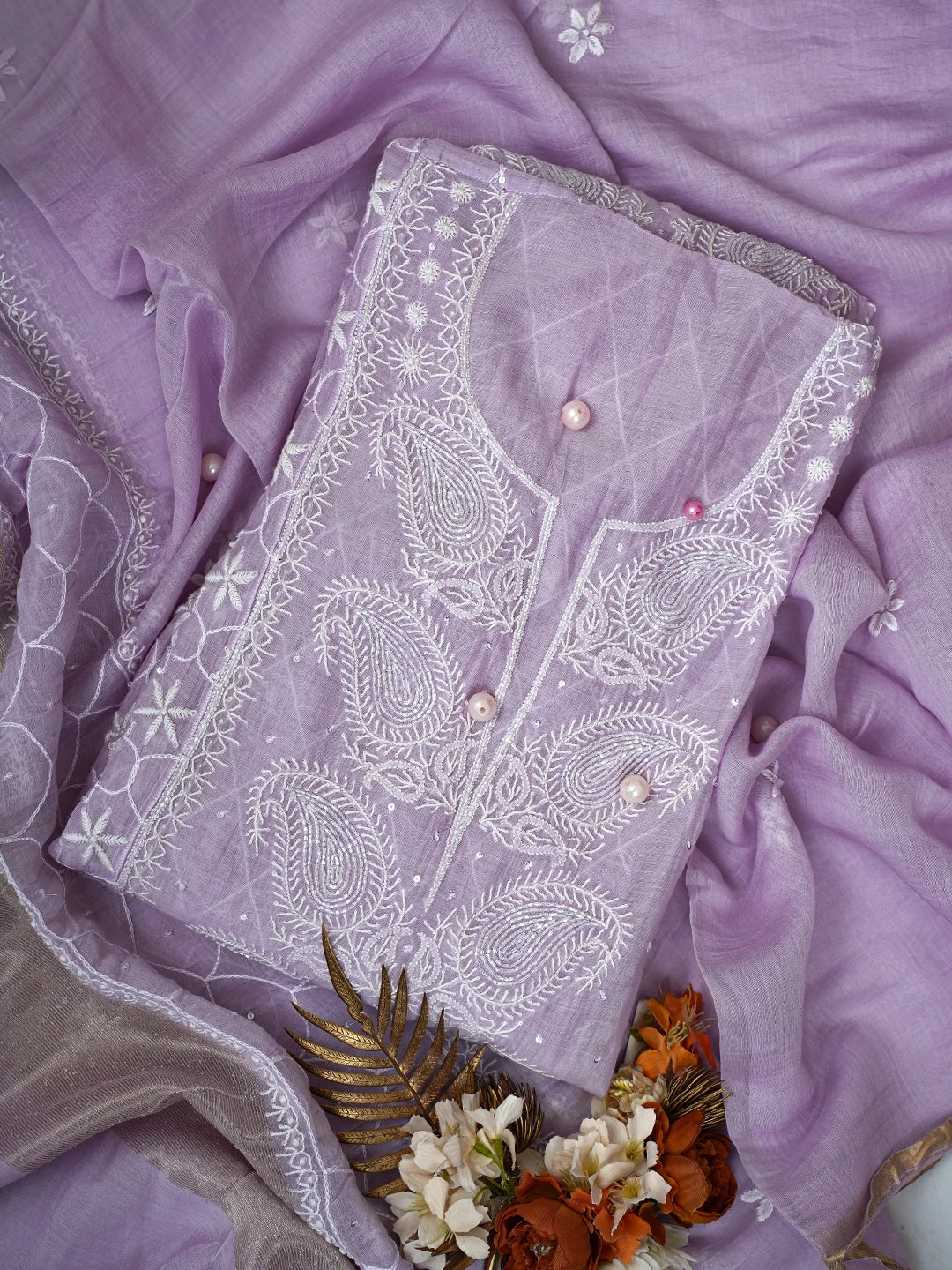 Ada Hand Embroidered Mauve Chanderi Lucknowi Chikankari Semi-Stitched Kurta Dupatta Set With Cutdana Work 01A744424