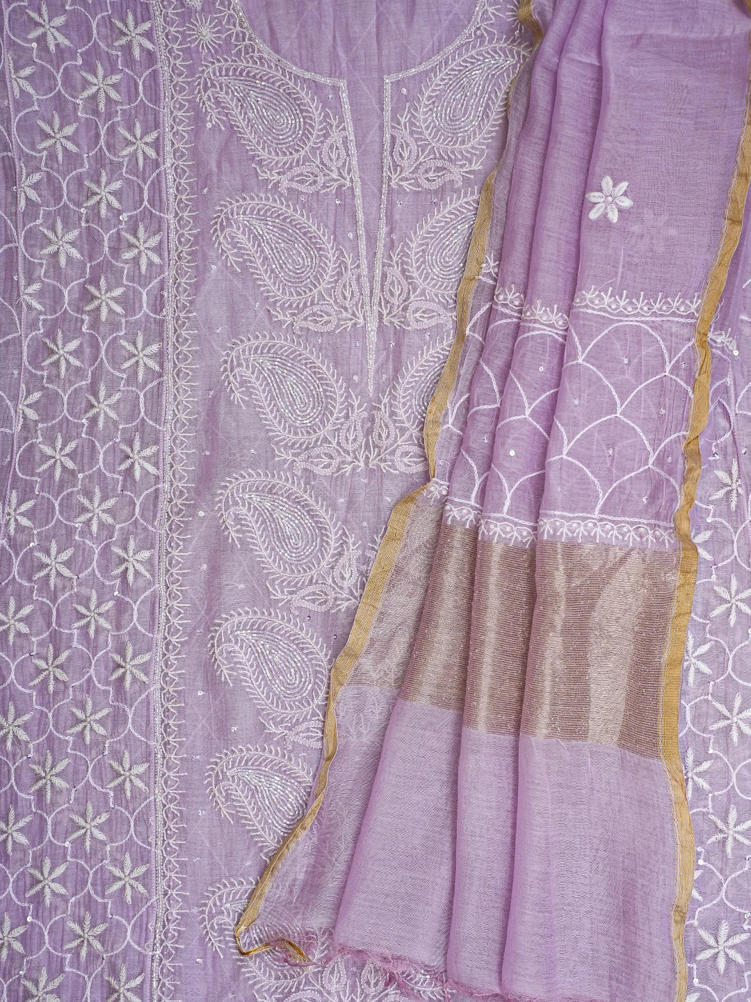 Ada Hand Embroidered Mauve Chanderi Lucknowi Chikankari Semi-Stitched Kurta Dupatta Set With Cutdana Work 01A744424