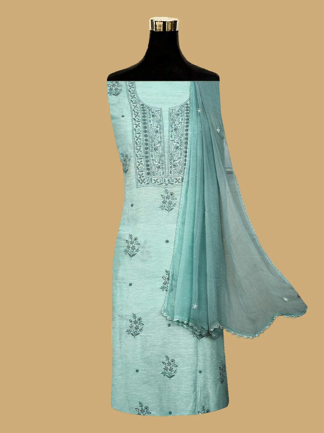 Ada Hand Embroidered Sea Green Chanderi Lucknowi Chikankari Unstitched Suit Piece With Cutdana Work 01A502490