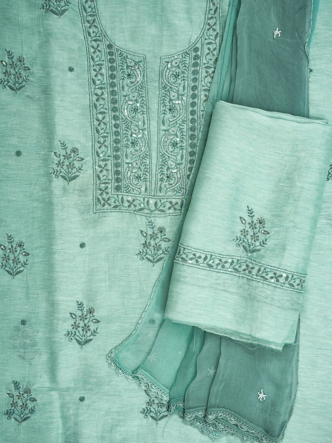 Ada Hand Embroidered Sea Green Chanderi Lucknowi Chikankari Unstitched Suit Piece With Cutdana Work 01A502490
