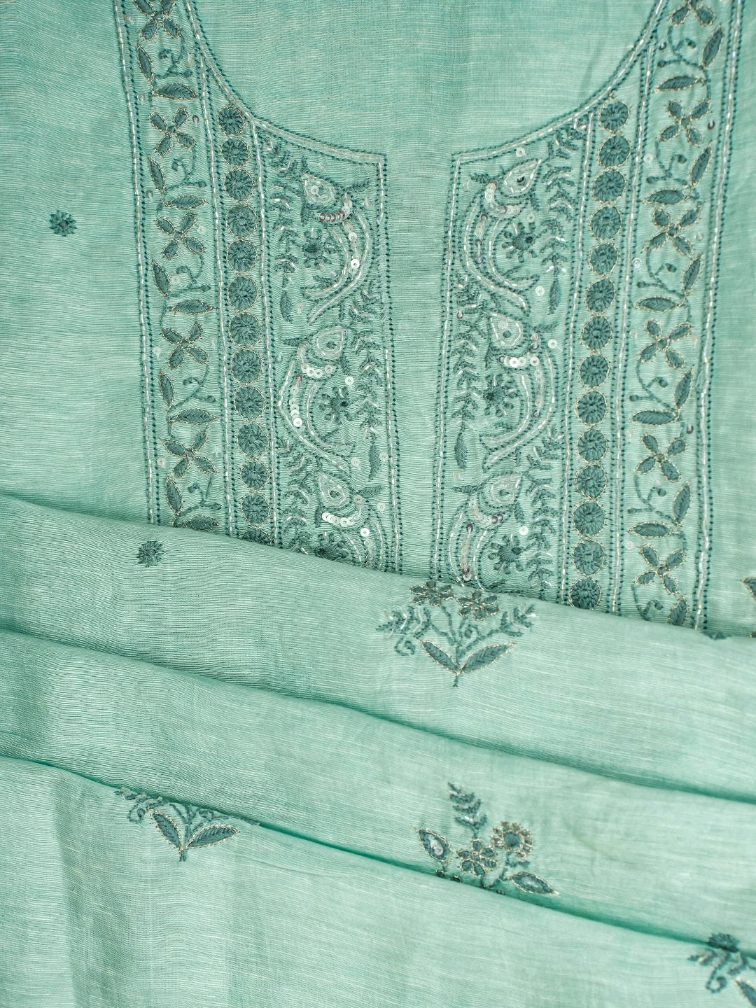 Ada Hand Embroidered Sea Green Chanderi Lucknowi Chikankari Unstitched Suit Piece With Cutdana Work 01A502490