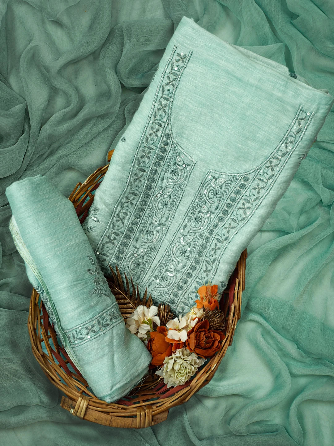 Ada Hand Embroidered Sea Green Chanderi Lucknowi Chikankari Unstitched Suit Piece With Cutdana Work 01A502490