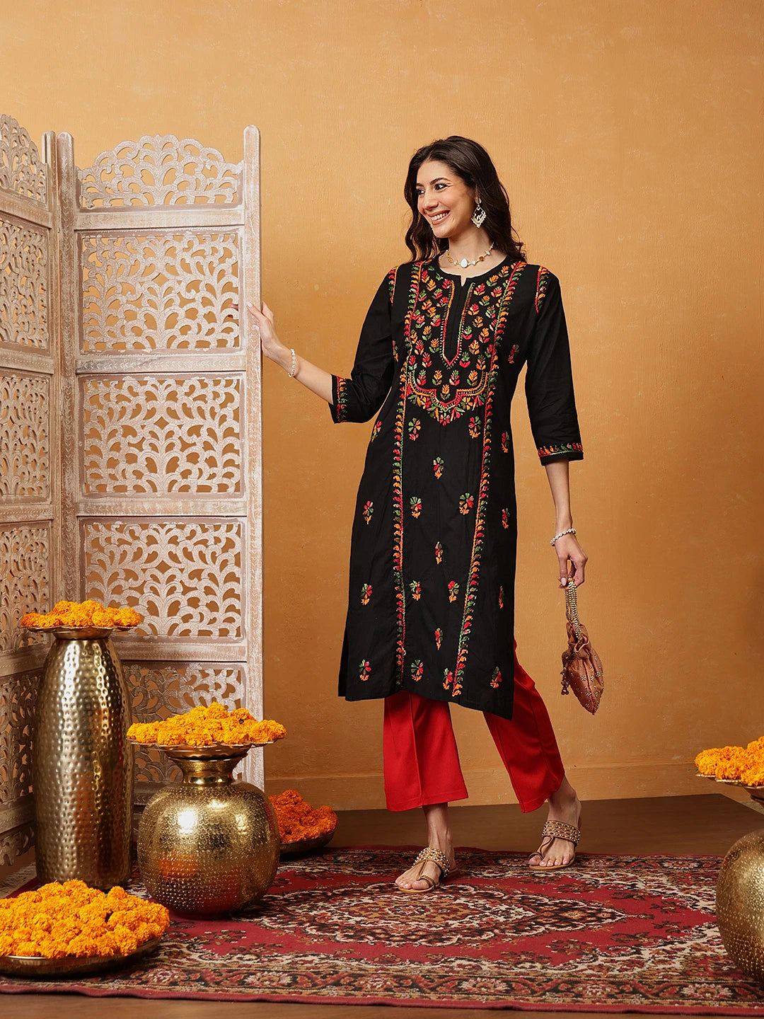 Ada Hand Embroidered Black Cotton Lucknowi Chikankari Straight Kurta A411752