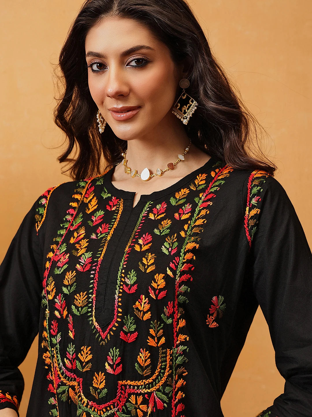 Ada Hand Embroidered Black Cotton Lucknowi Chikankari Straight Kurta A411752
