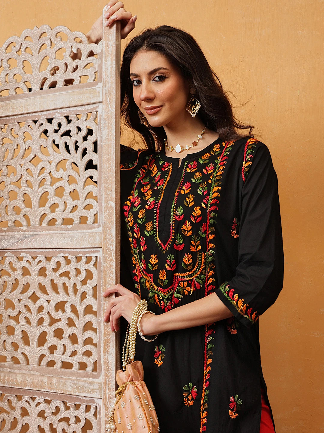 Ada Hand Embroidered Black Cotton Lucknowi Chikankari Straight Kurta A411752