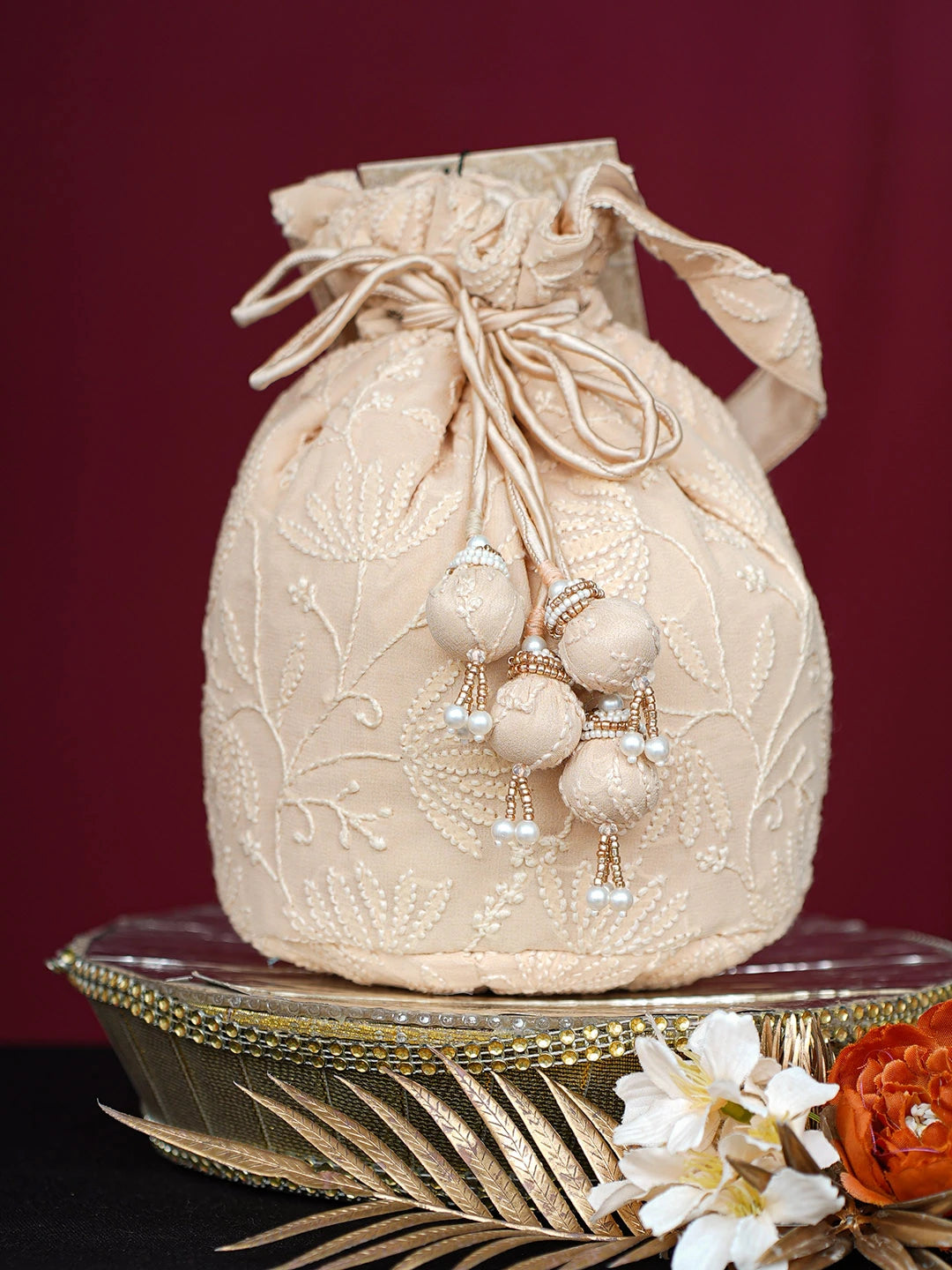 Ada Hand Embroidered Fawn Viscose Georgette Lucknowi Chikankari Potli Bag 01A748891