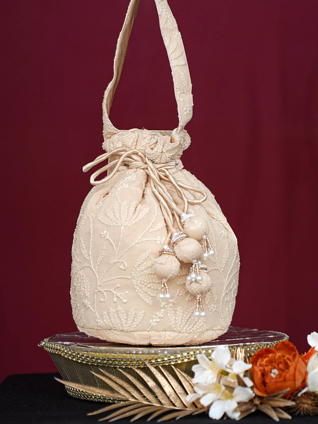Ada Hand Embroidered Fawn Viscose Georgette Lucknowi Chikankari Potli Bag 01A748891