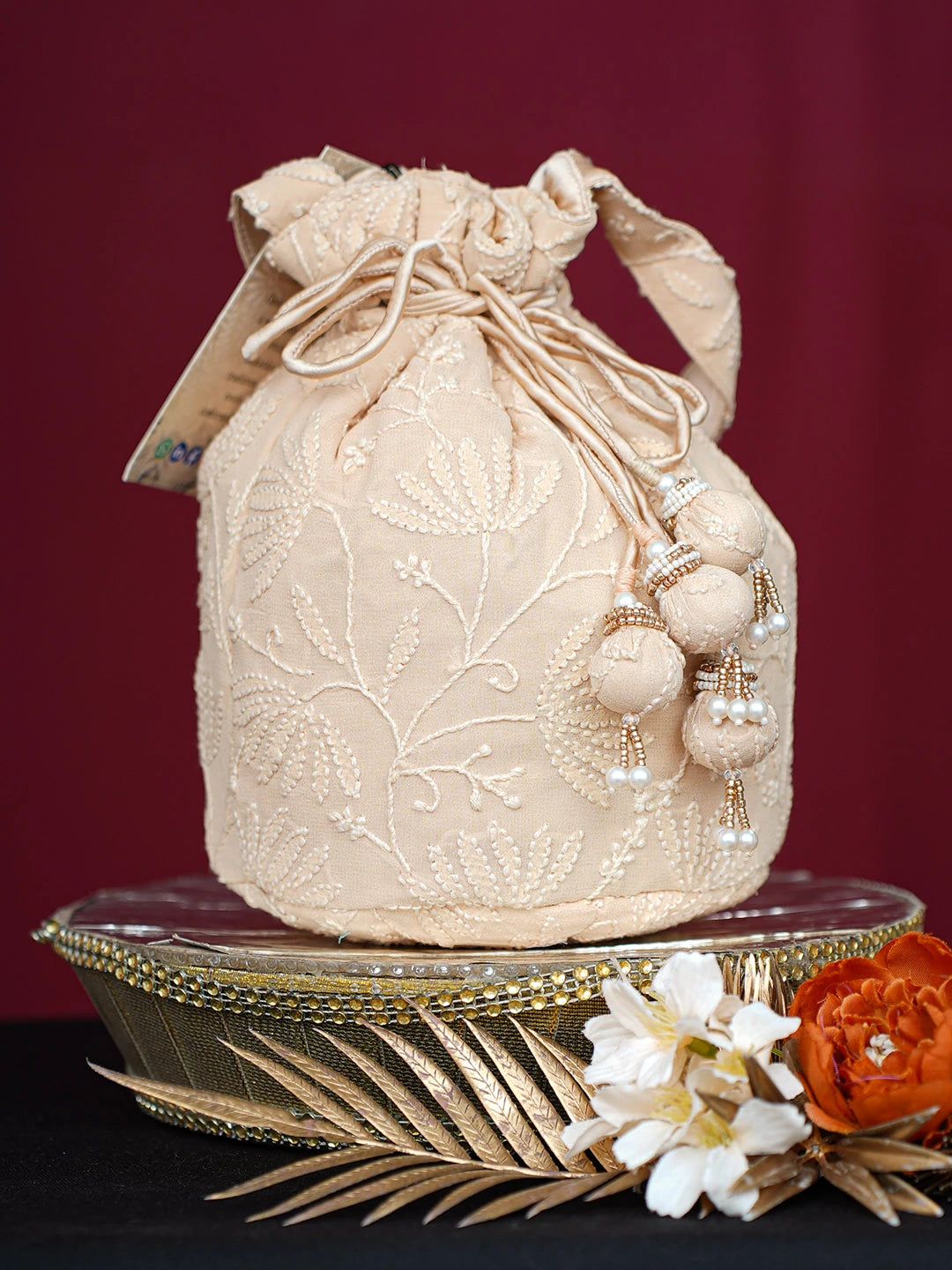 Ada Hand Embroidered Fawn Viscose Georgette Lucknowi Chikankari Potli Bag 01A748891