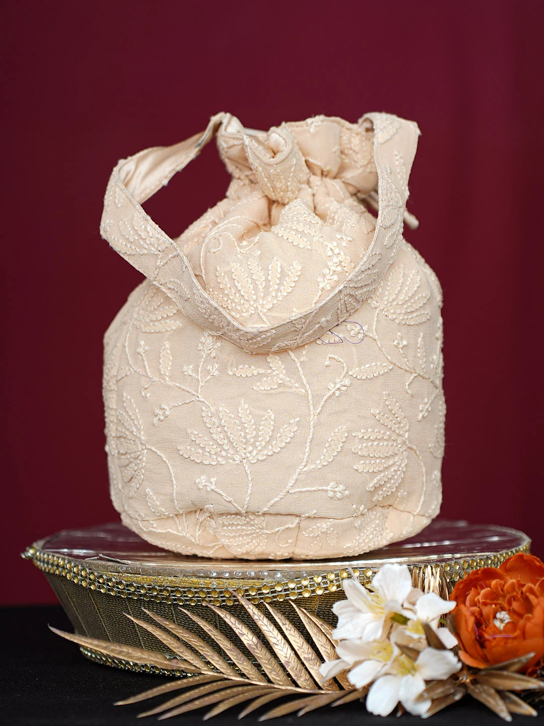 Ada Hand Embroidered Fawn Viscose Georgette Lucknowi Chikankari Potli Bag 01A748891