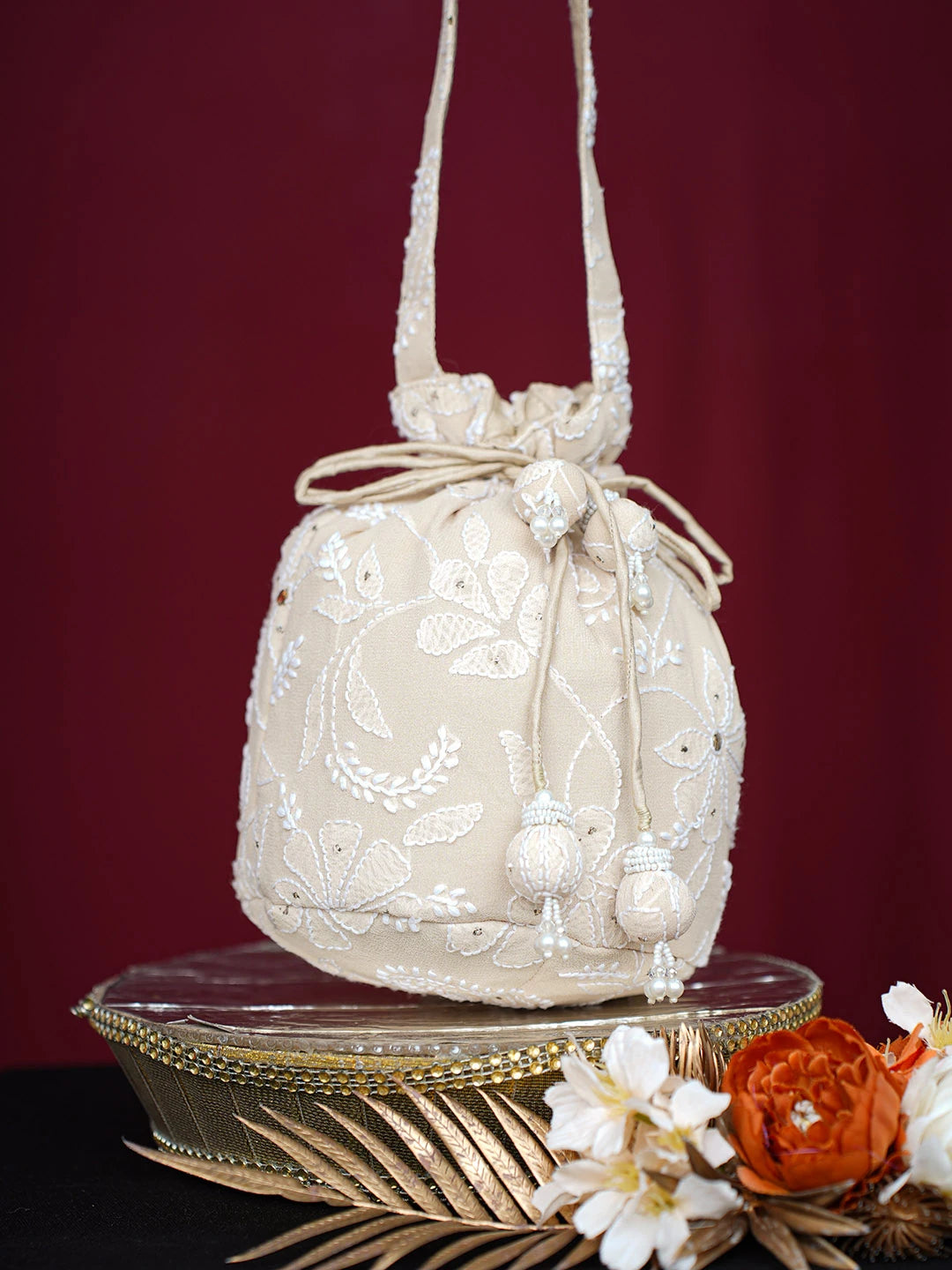 Ada Hand Embroidered Fawn Viscose Georgette Lucknowi Chikankari Potli Bag With Mukaish Work 01A748889