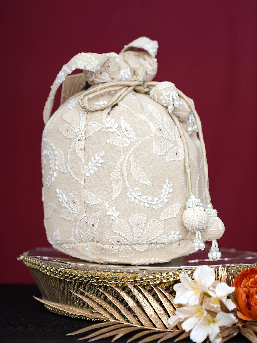 Ada Hand Embroidered Fawn Viscose Georgette Lucknowi Chikankari Potli Bag With Mukaish Work 01A748889
