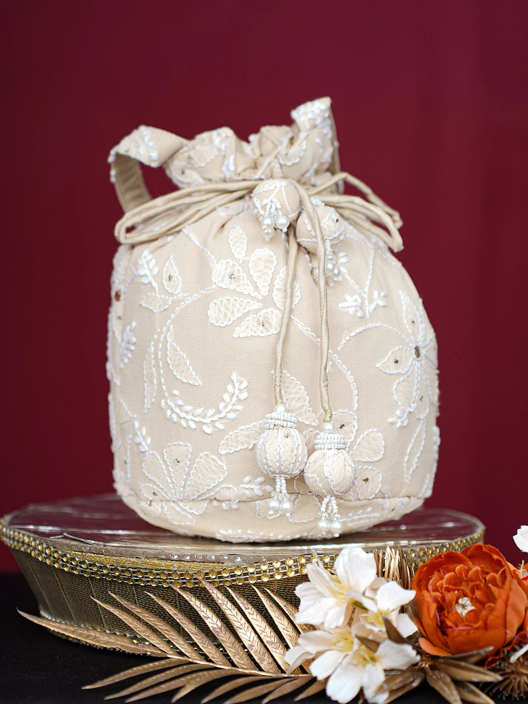 Ada Hand Embroidered Fawn Viscose Georgette Lucknowi Chikankari Potli Bag With Mukaish Work 01A748889
