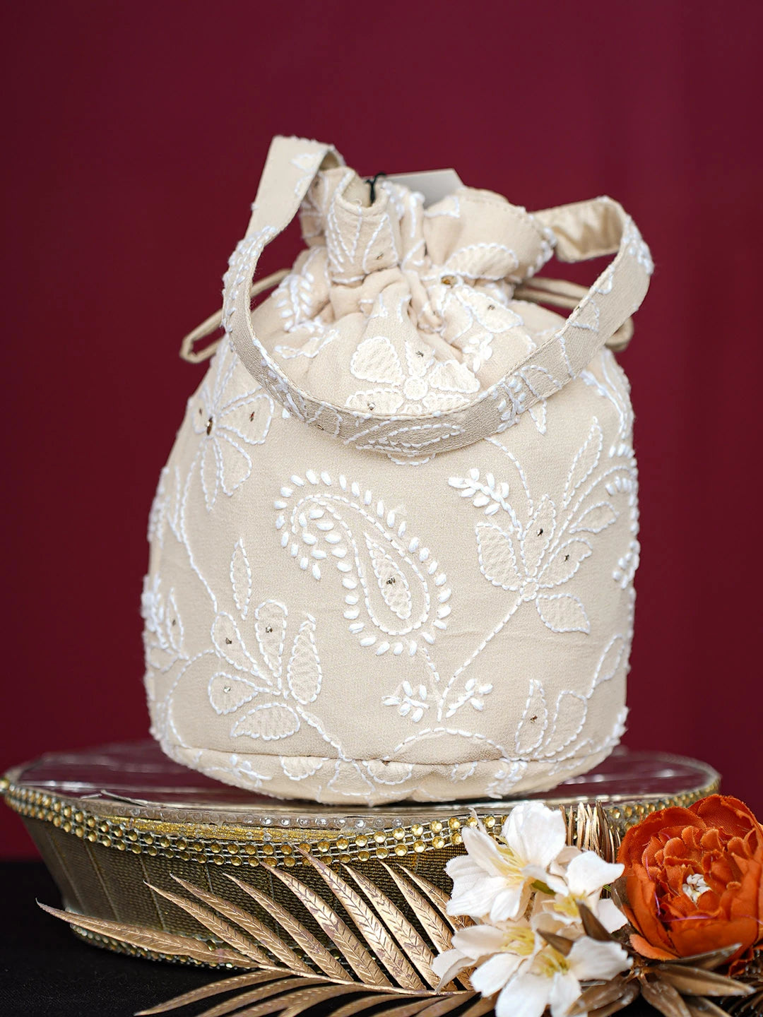 Ada Hand Embroidered Fawn Viscose Georgette Lucknowi Chikankari Potli Bag With Mukaish Work 01A748889