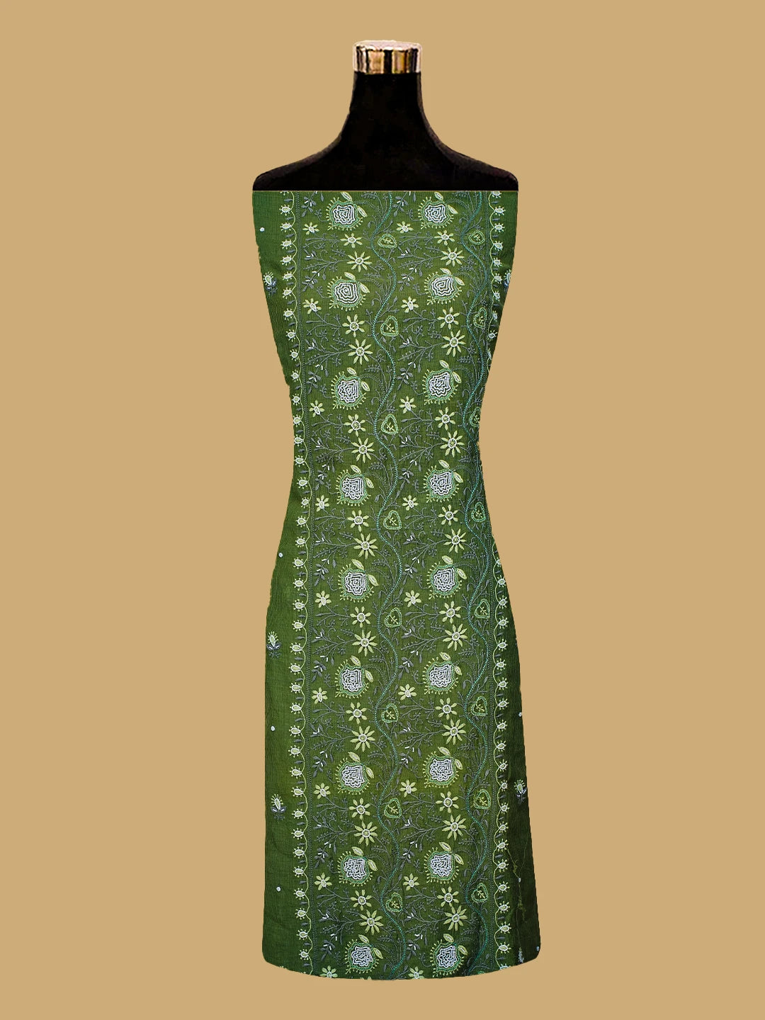 Ada Hand Embroidered Forest Green Chanderi Lucknowi Chikankari Unstitched Kurta Dupatta Set With Pearl Work 01A618761