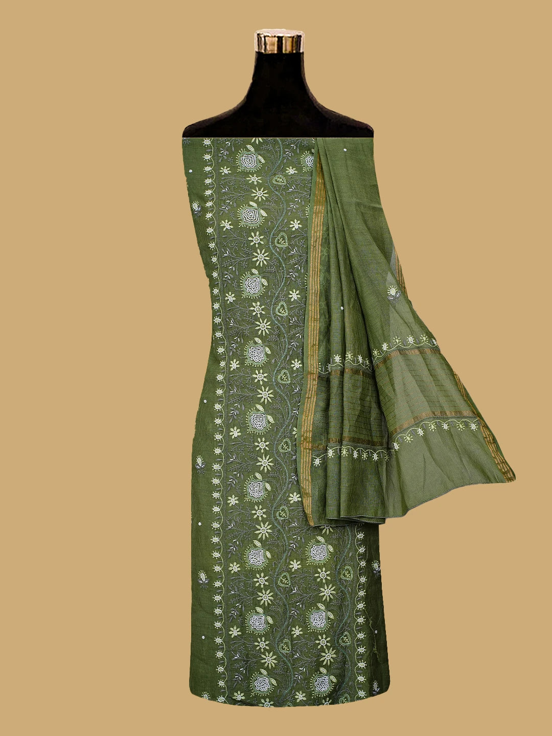 Ada Hand Embroidered Forest Green Chanderi Lucknowi Chikankari Unstitched Kurta Dupatta Set With Pearl Work 01A618761