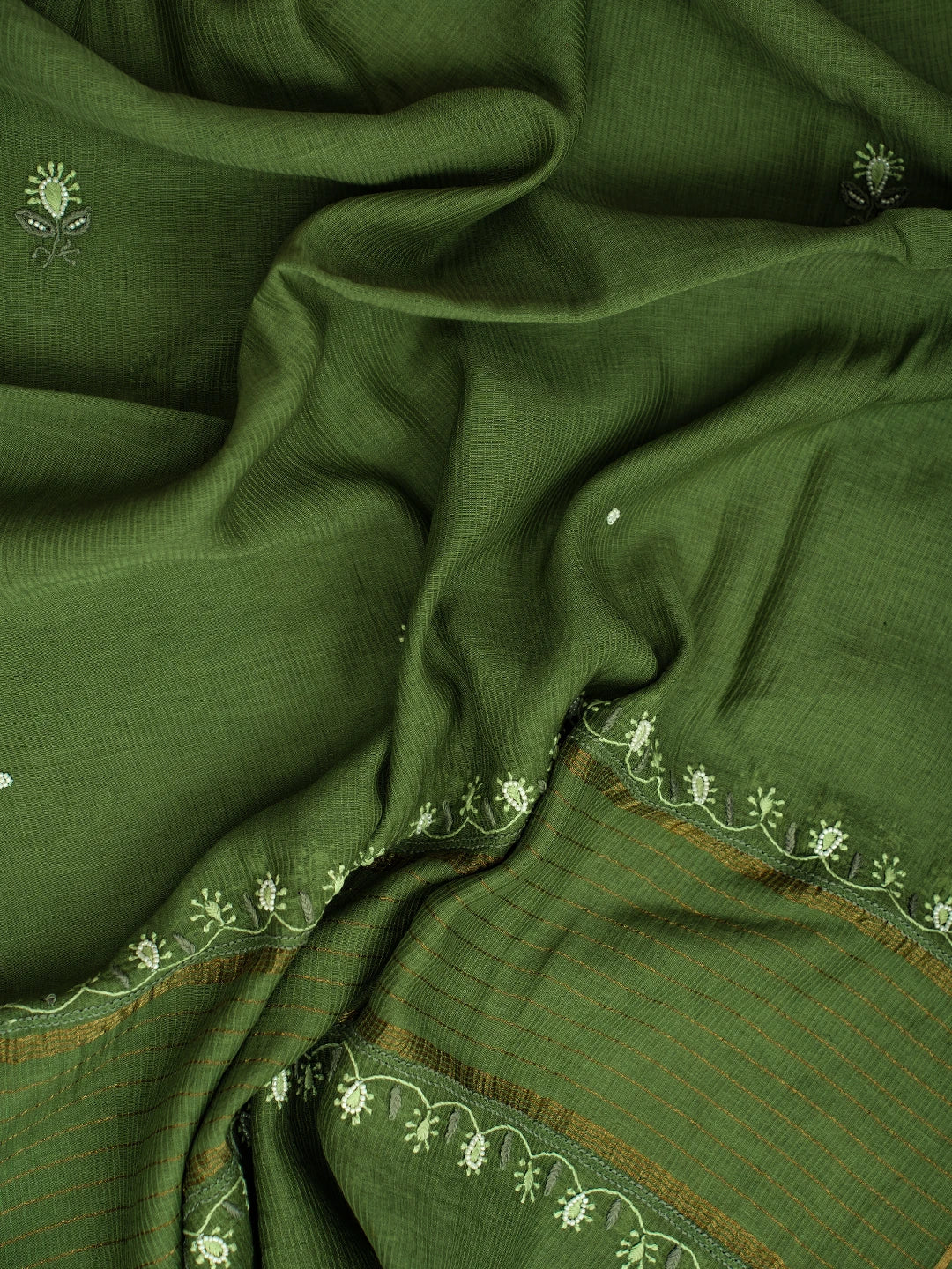 Ada Hand Embroidered Forest Green Chanderi Lucknowi Chikankari Unstitched Kurta Dupatta Set With Pearl Work 01A618761