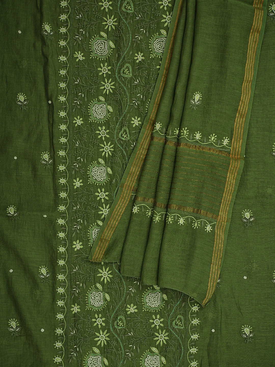 Ada Hand Embroidered Forest Green Chanderi Lucknowi Chikankari Unstitched Kurta Dupatta Set With Pearl Work 01A618761