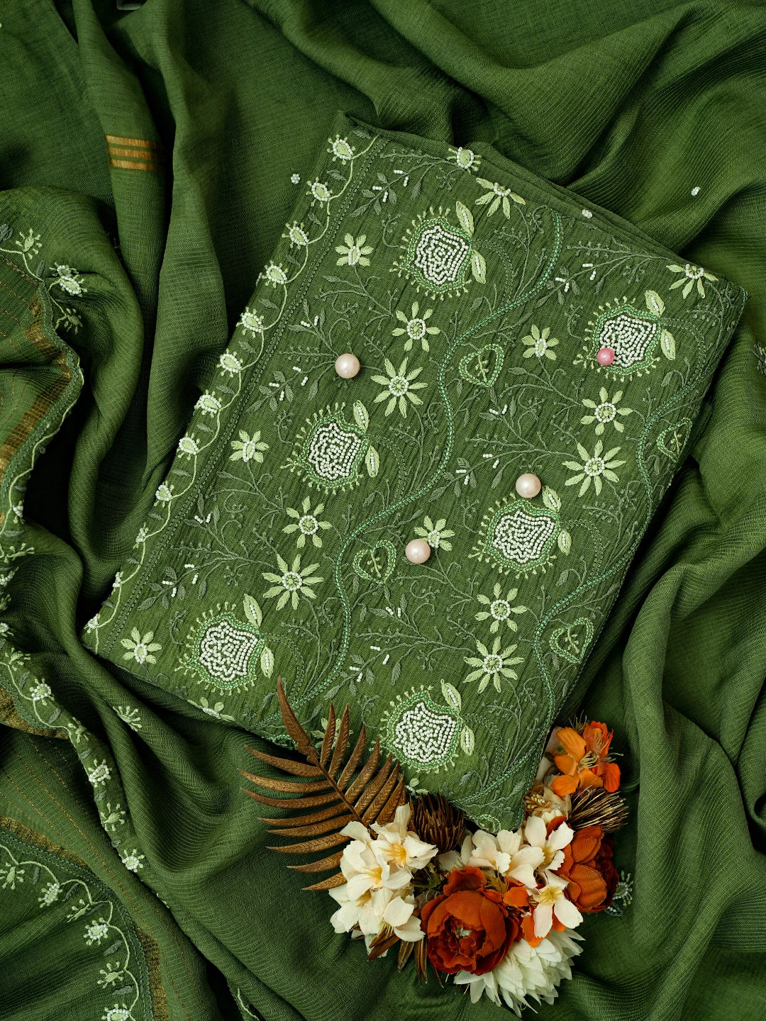 Ada Hand Embroidered Forest Green Chanderi Lucknowi Chikankari Unstitched Kurta Dupatta Set With Pearl Work 01A618761