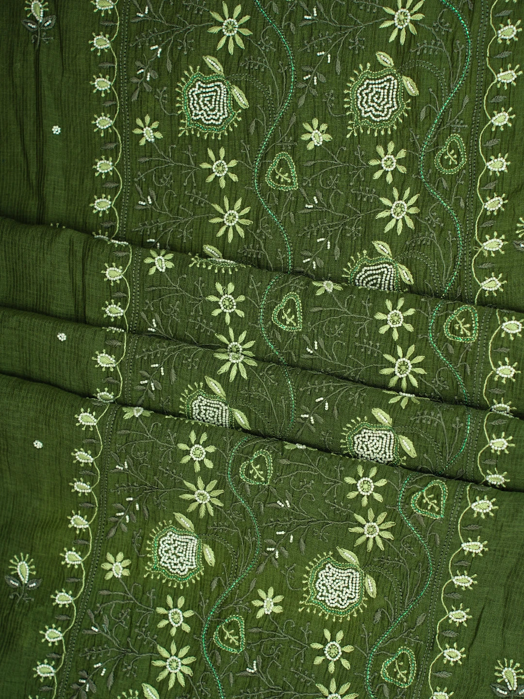 Ada Hand Embroidered Forest Green Chanderi Lucknowi Chikankari Unstitched Kurta Dupatta Set With Pearl Work 01A618761