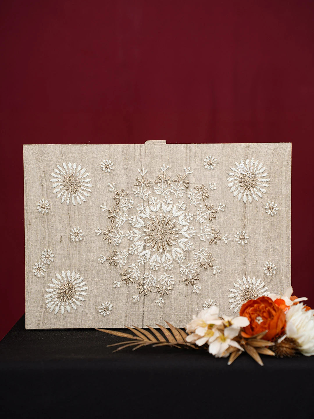Ada Hand Embroidered Fawn Silk Lucknowi Chikankari Jewellery Box With Zari Work 01A746031