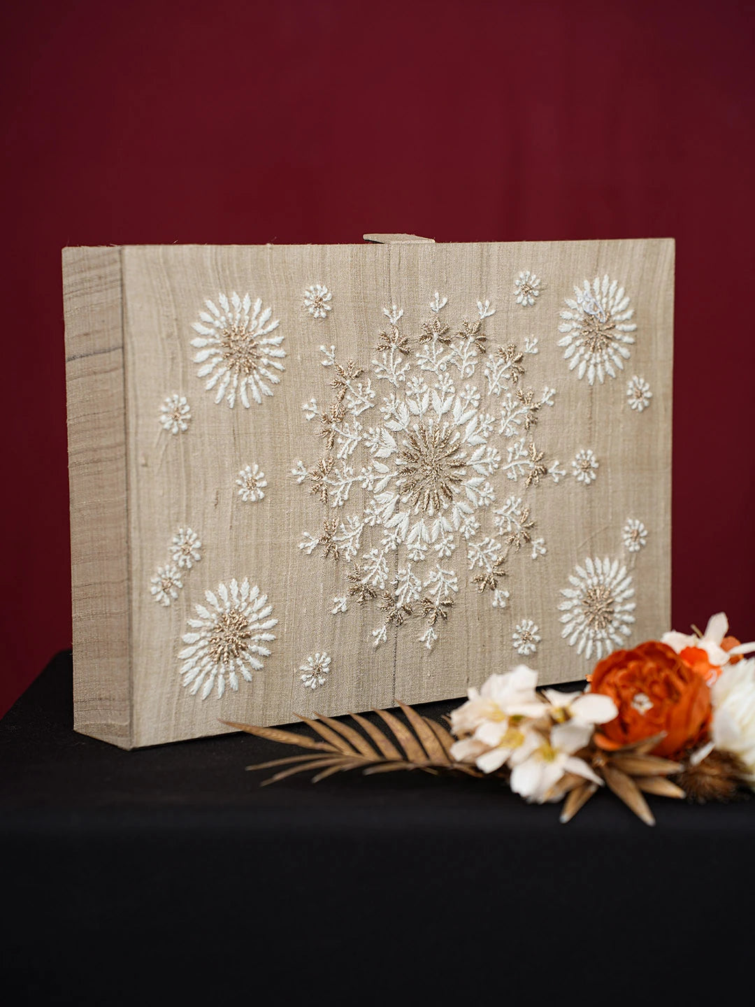 Ada Hand Embroidered Fawn Silk Lucknowi Chikankari Jewellery Box With Zari Work 01A746031