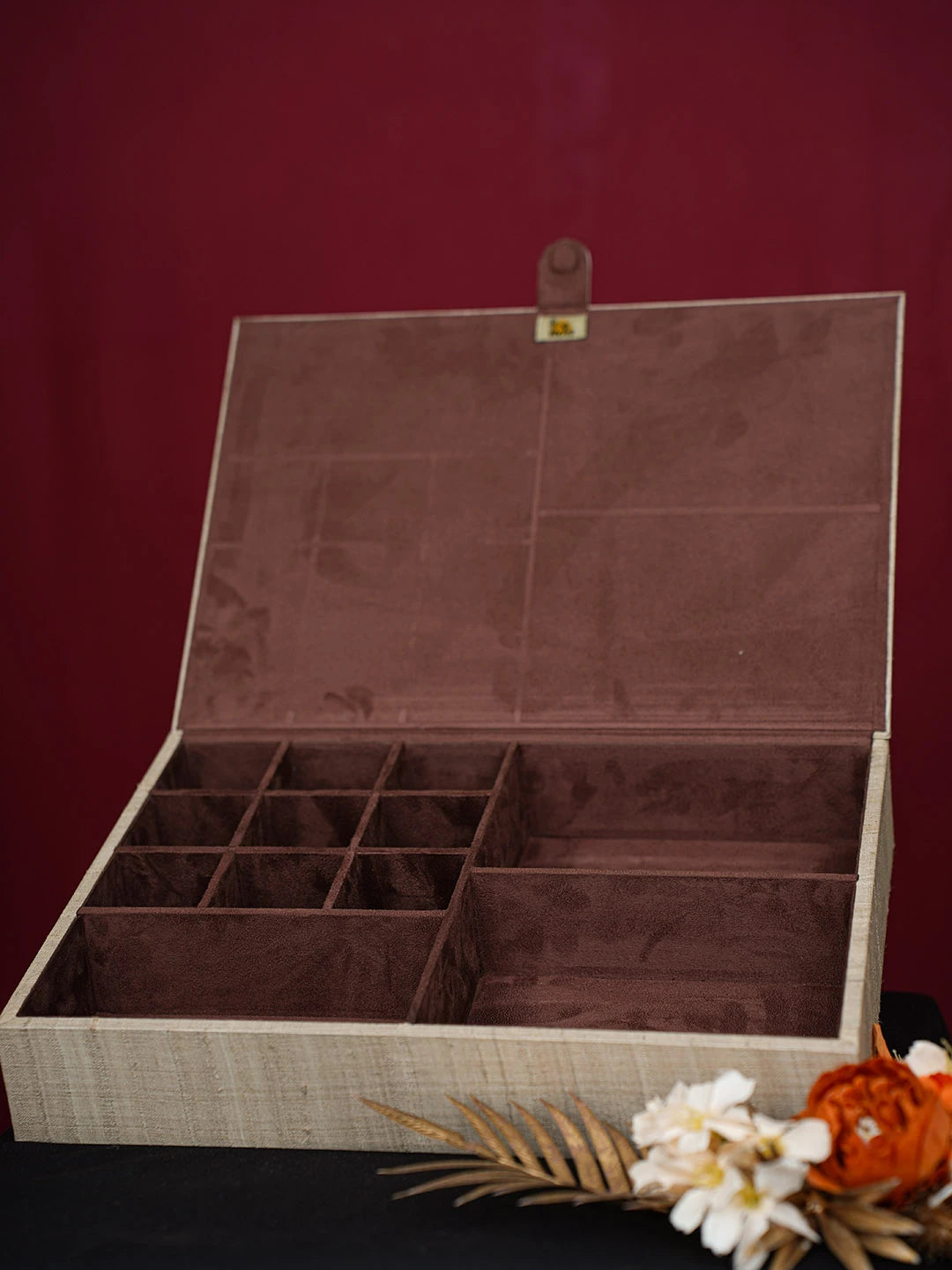 Ada Hand Embroidered Fawn Silk Lucknowi Chikankari Jewellery Box With Zari Work 01A746031