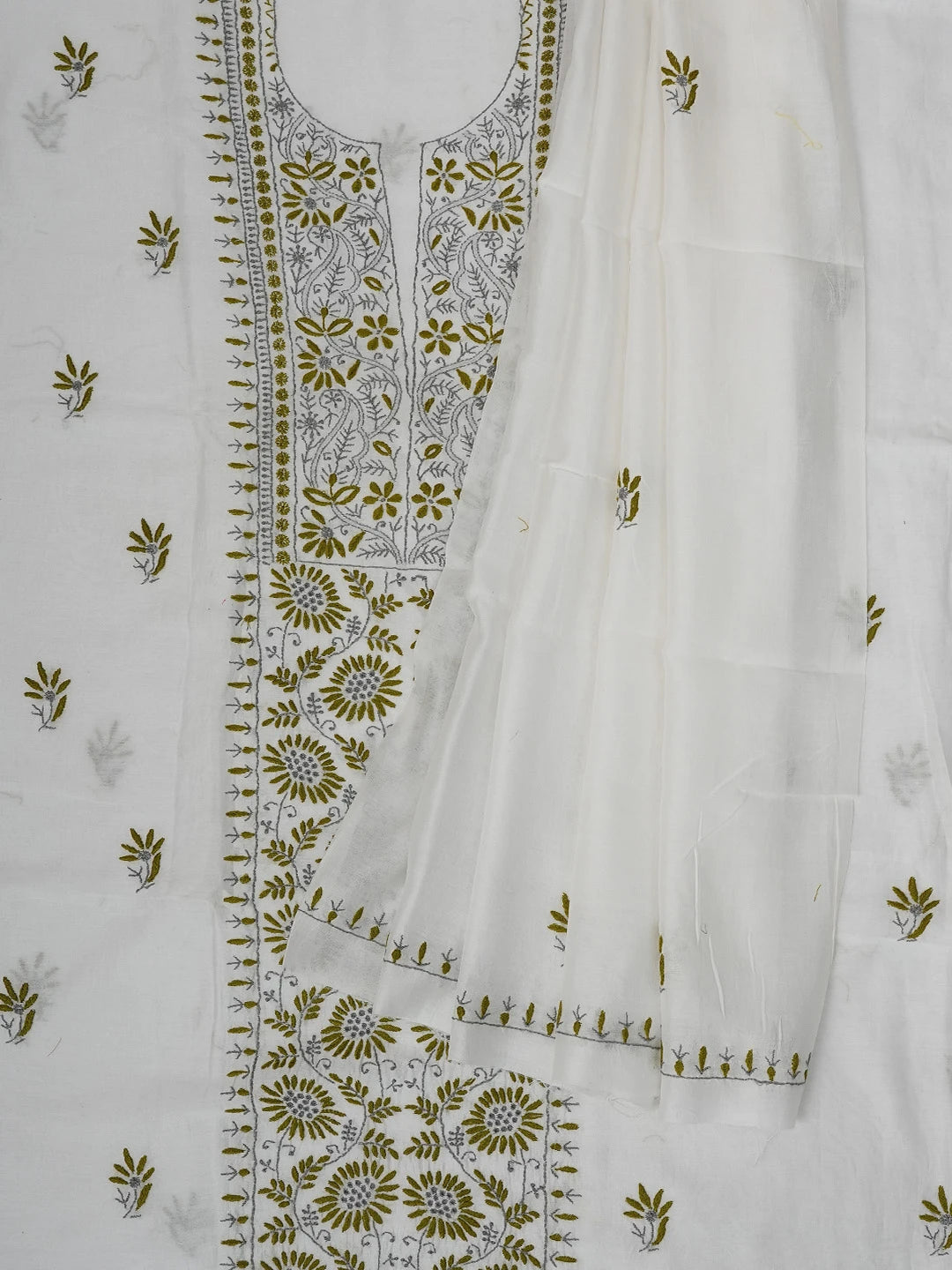 Ada Hand Embroidered White Chanderi Lucknowi Chikankari Unstitched Kurta Dupatta Set 01A268400