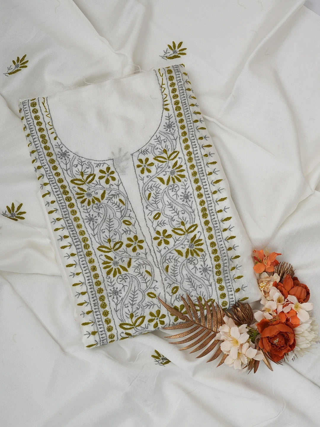 Ada Hand Embroidered White Chanderi Lucknowi Chikankari Unstitched Kurta Dupatta Set 01A268400