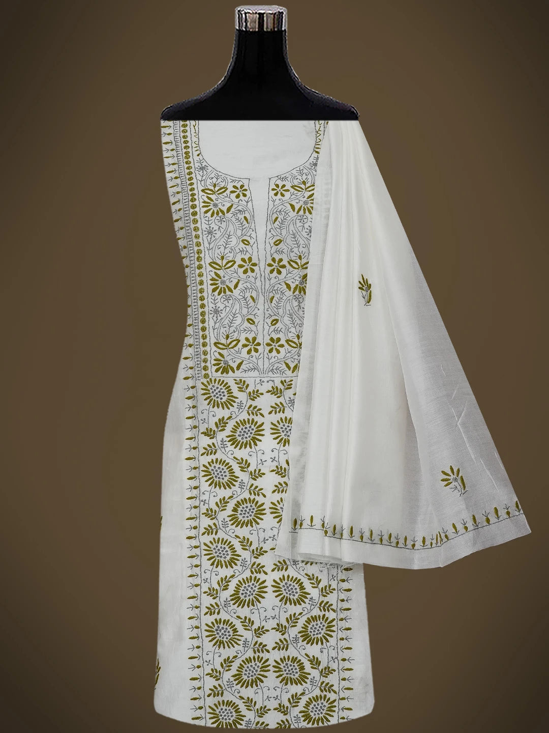 Ada Hand Embroidered White Chanderi Lucknowi Chikankari Unstitched Kurta Dupatta Set 01A268400