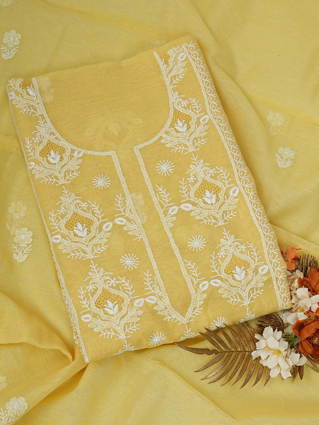 Ada Hand Embroidered Yellow Chanderi Lucknowi Chikankari Unstitched Kurta Dupatta Set 01A744596