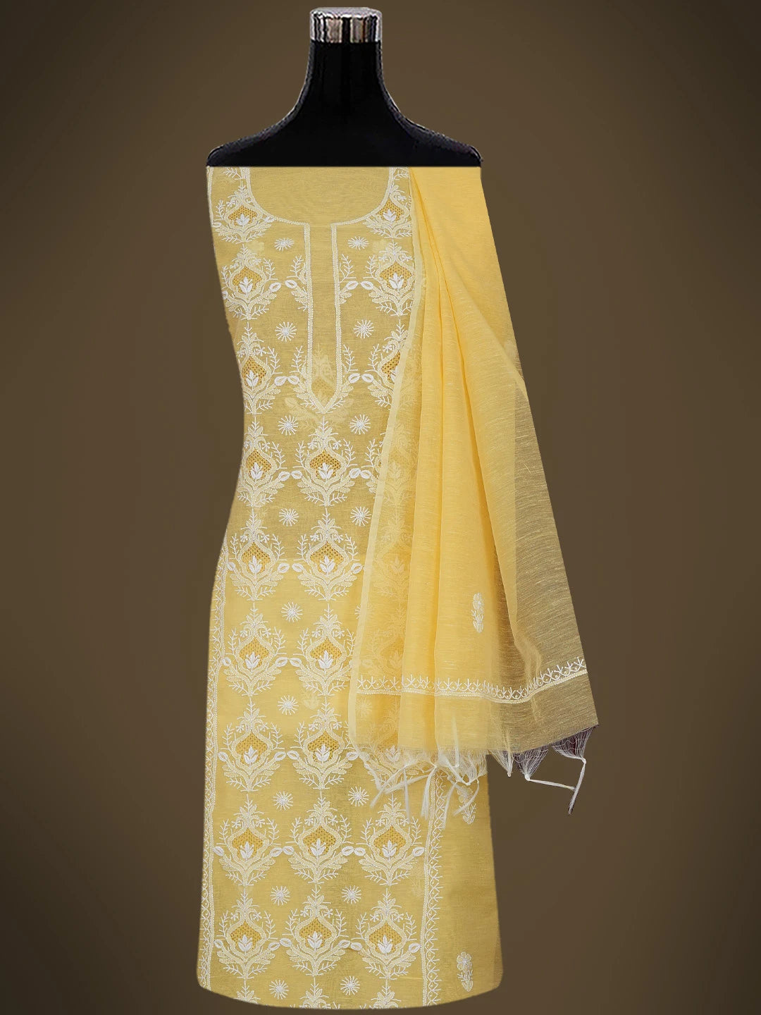 Ada Hand Embroidered Yellow Chanderi Lucknowi Chikankari Unstitched Kurta Dupatta Set 01A744596