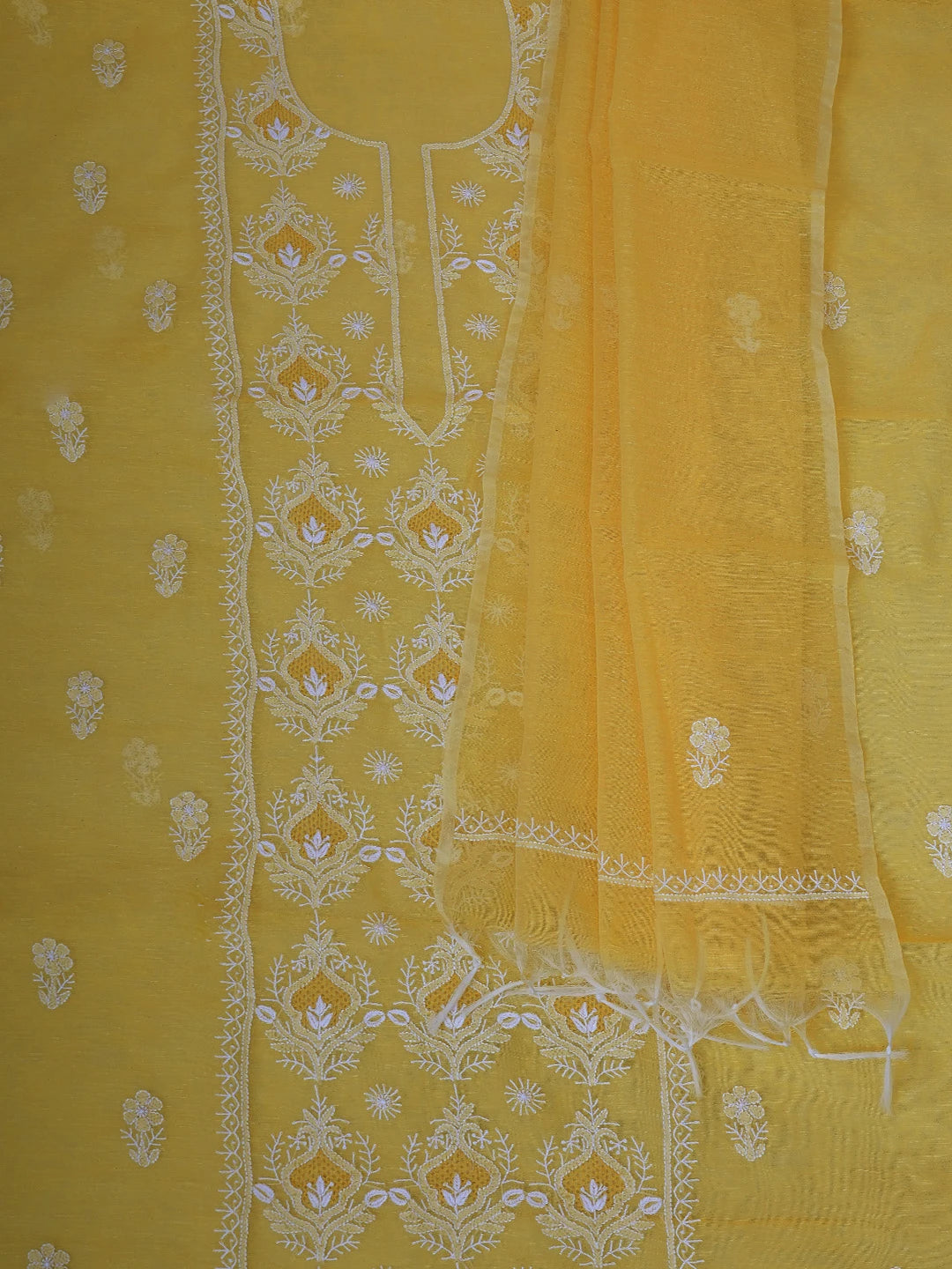 Ada Hand Embroidered Yellow Chanderi Lucknowi Chikankari Unstitched Kurta Dupatta Set 01A744596