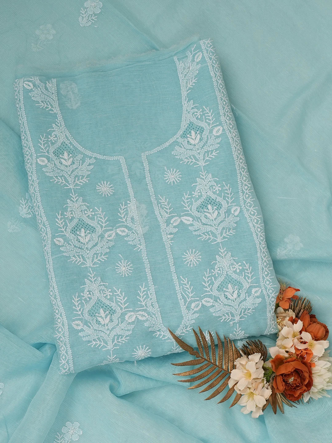 Ada Hand Embroidered Sky Blue Chanderi Lucknowi Chikankari Unstitched Kurta Dupatta Set 01A744616