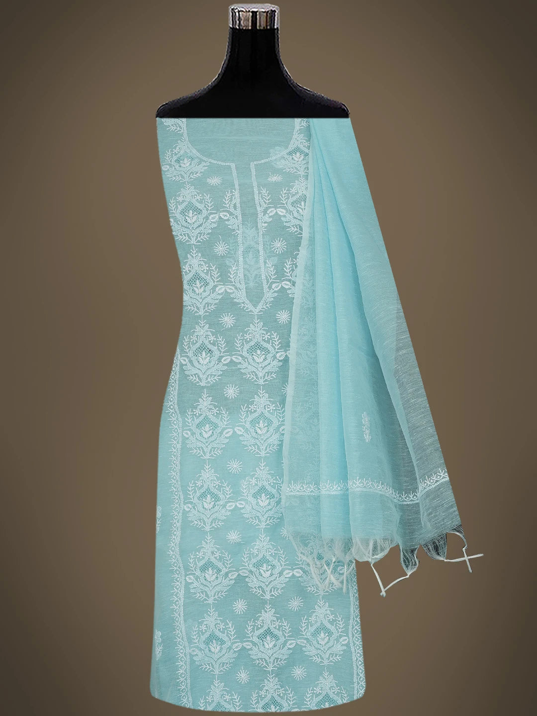 Ada Hand Embroidered Sky Blue Chanderi Lucknowi Chikankari Unstitched Kurta Dupatta Set 01A744616