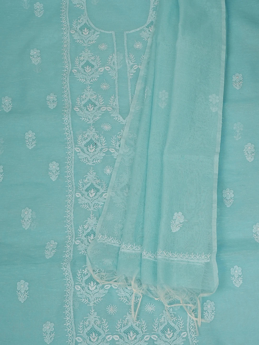 Ada Hand Embroidered Sky Blue Chanderi Lucknowi Chikankari Unstitched Kurta Dupatta Set 01A744616
