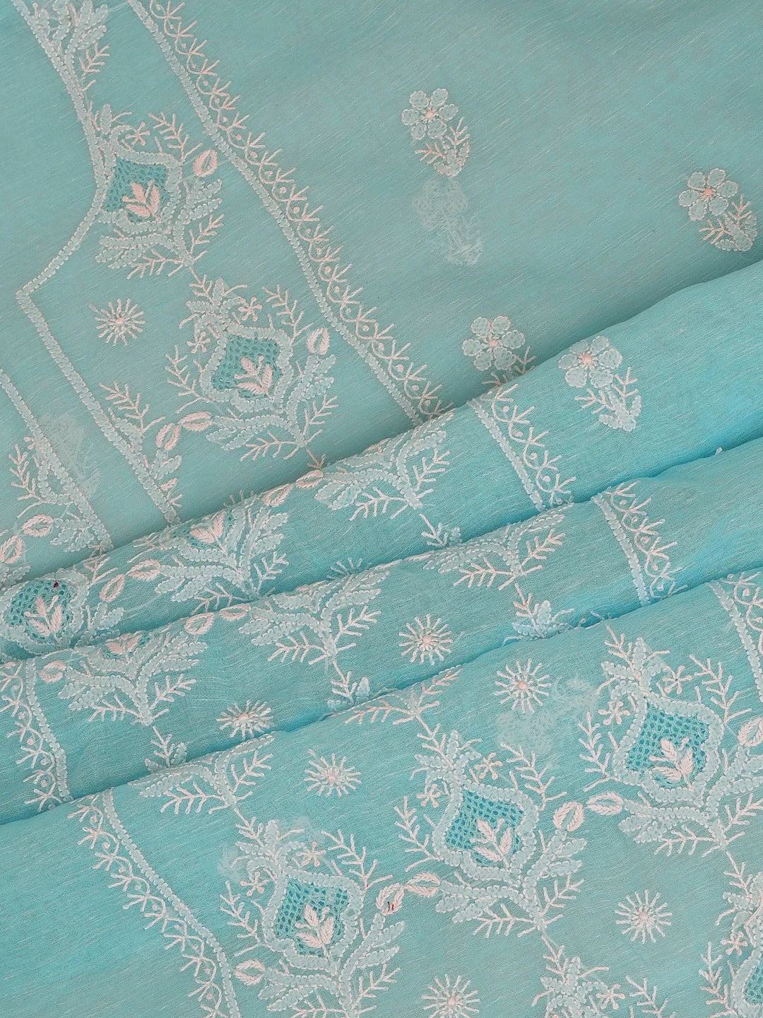 Ada Hand Embroidered Sky Blue Chanderi Lucknowi Chikankari Unstitched Kurta Dupatta Set 01A744616