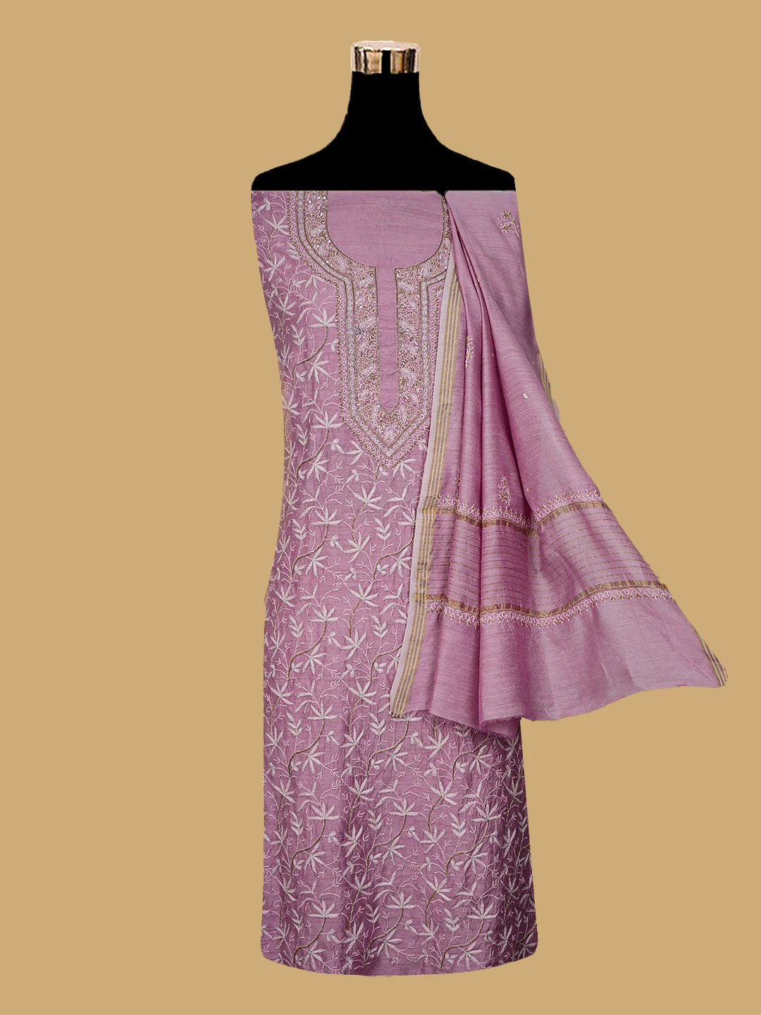 Ada Hand Embroidered Pink Moonga Silk Lucknowi Chikankari Unstitched Kurta Dupatta Set With Cutdana Work 01A634875