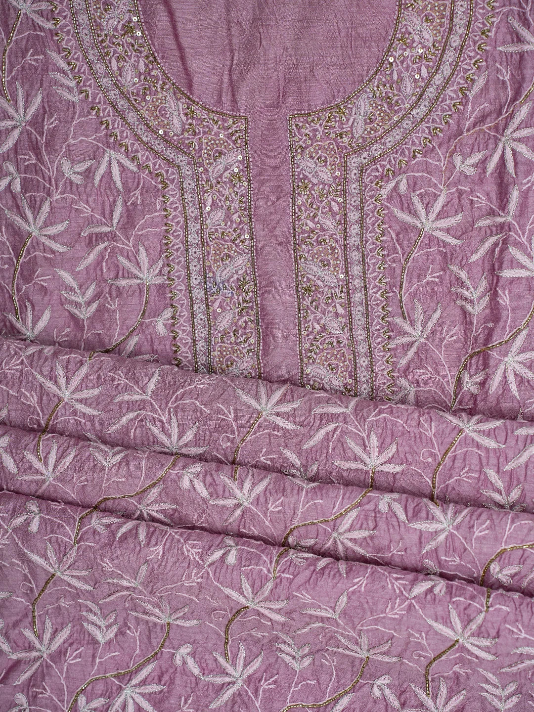 Ada Hand Embroidered Pink Moonga Silk Lucknowi Chikankari Unstitched Kurta Dupatta Set With Cutdana Work 01A634875
