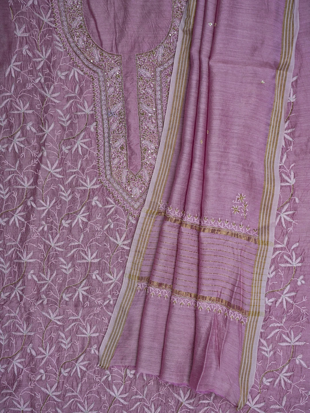 Ada Hand Embroidered Pink Moonga Silk Lucknowi Chikankari Unstitched Kurta Dupatta Set With Cutdana Work 01A634875
