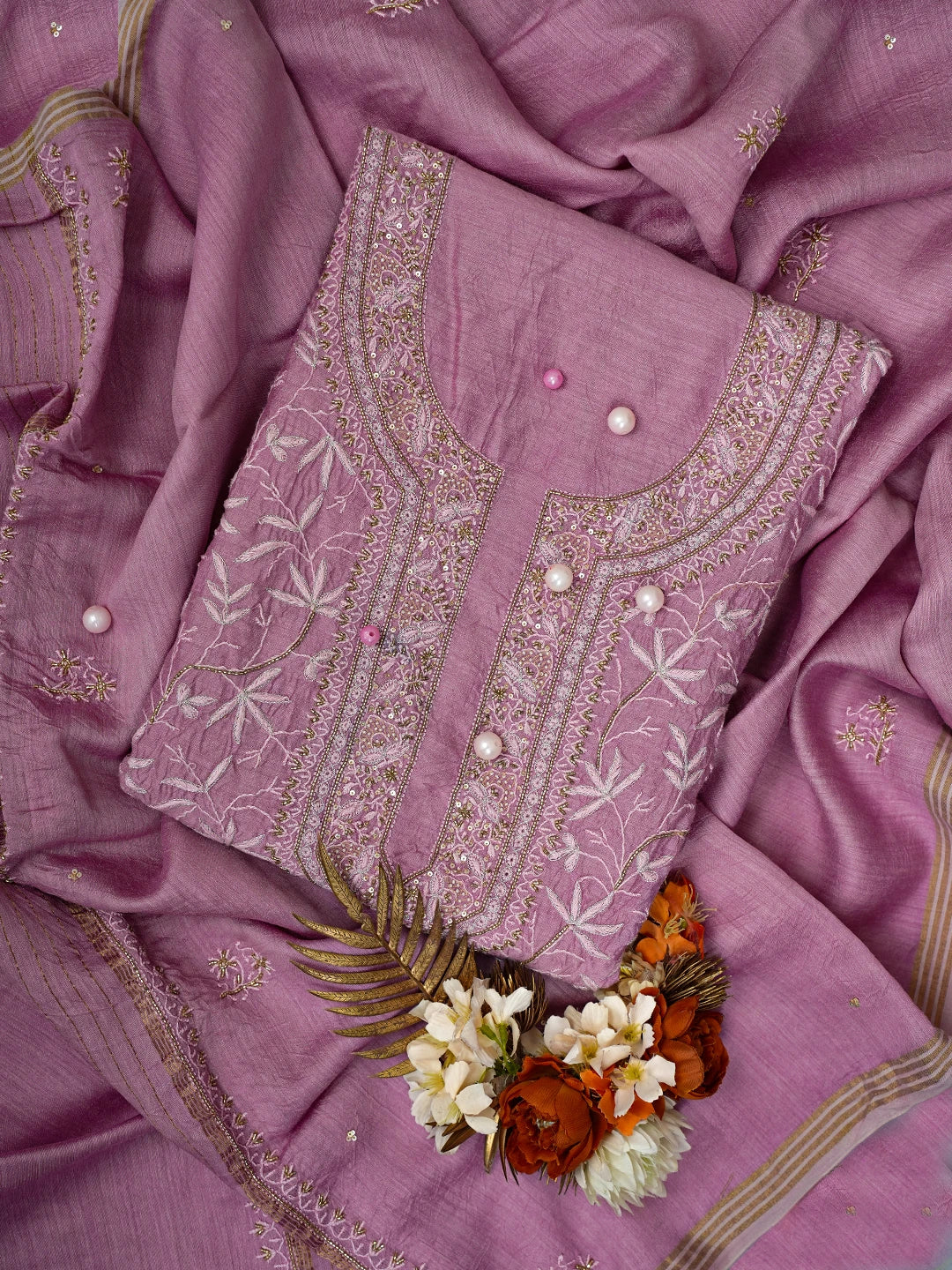 Ada Hand Embroidered Pink Moonga Silk Lucknowi Chikankari Unstitched Kurta Dupatta Set With Cutdana Work 01A634875