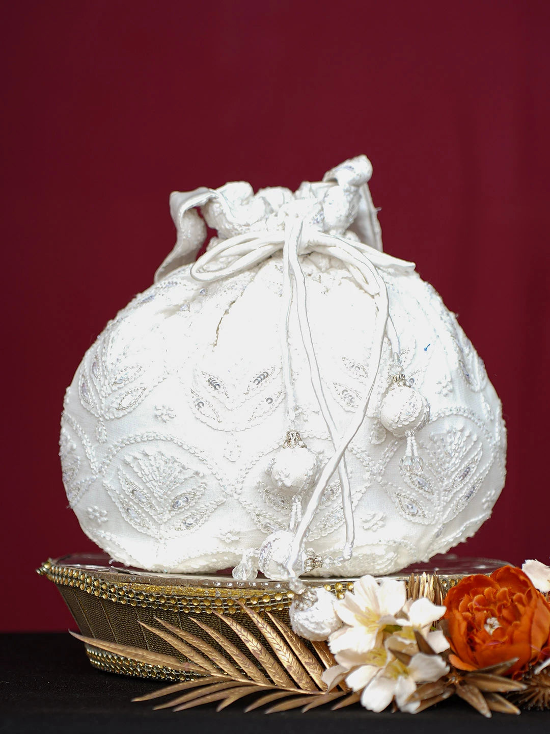 Ada Hand Embroidered White Viscose Georgette Lucknowi Chikankari Potli Bag With Cutdana Work 01A748898