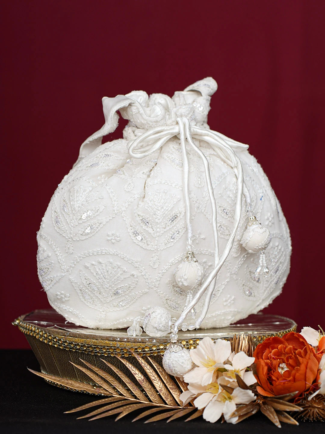 Ada Hand Embroidered White Viscose Georgette Lucknowi Chikankari Potli Bag With Cutdana Work 01A748898