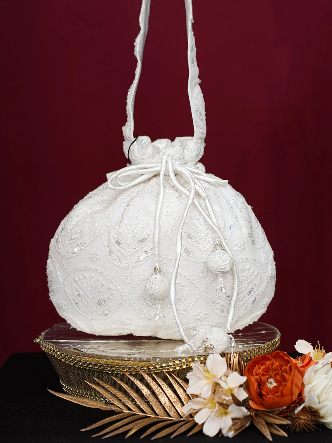 Ada Hand Embroidered White Viscose Georgette Lucknowi Chikankari Potli Bag With Cutdana Work 01A748898