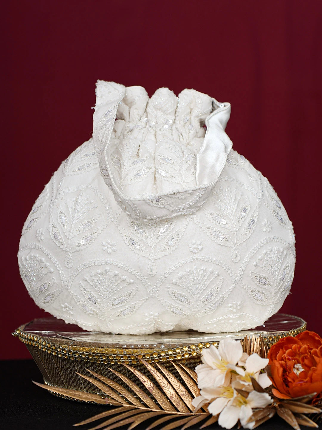 Ada Hand Embroidered White Viscose Georgette Lucknowi Chikankari Potli Bag With Cutdana Work 01A748898