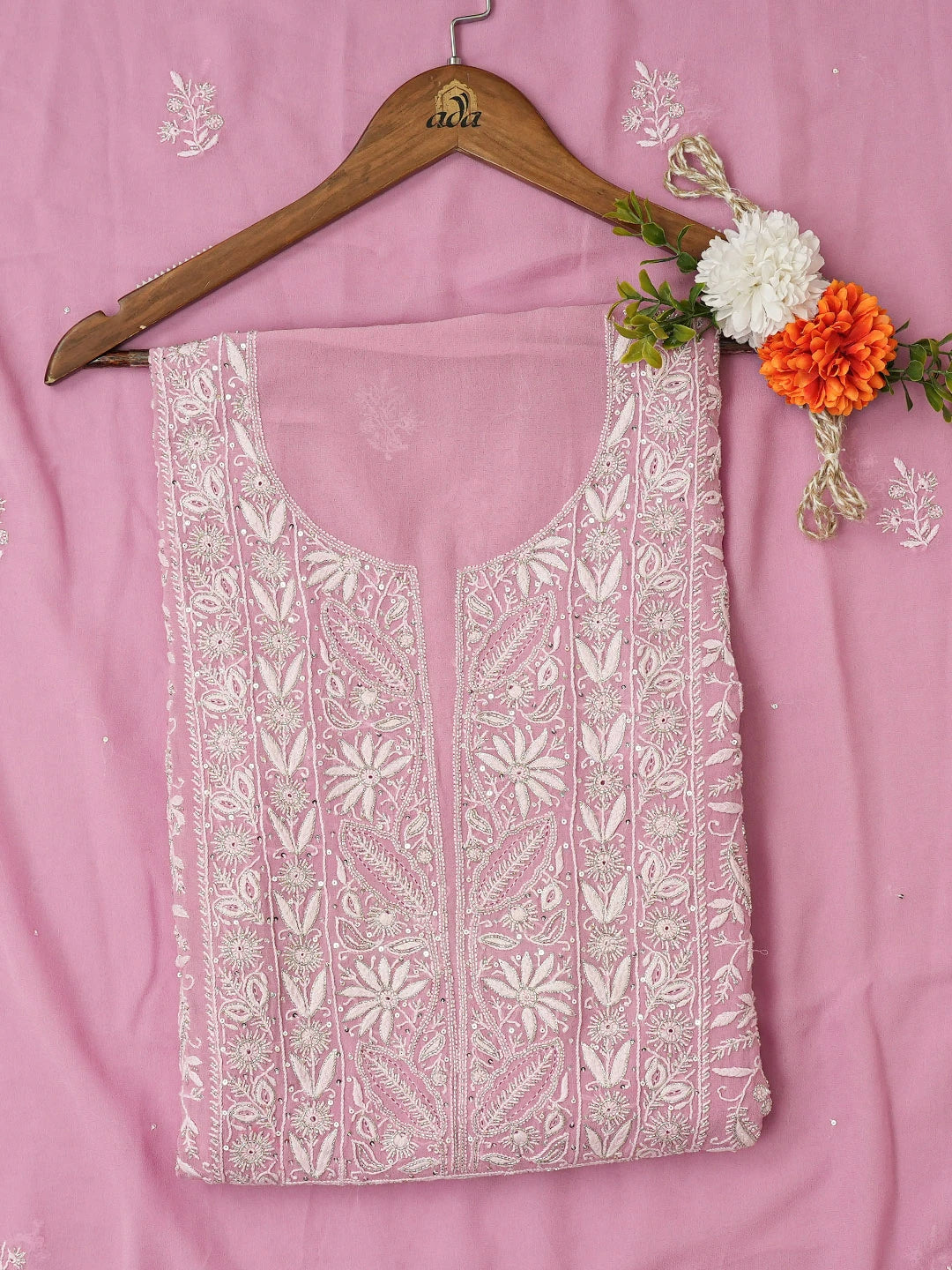 Ada Hand Embroidered Lavender Pink Pure Georgette Lucknowi Chikankari Unstitched Kurta Dupatta Set With Cutdana Work 01A639506