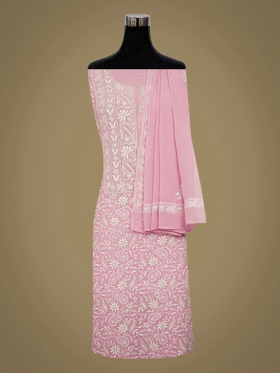 Ada Hand Embroidered Lavender Pink Pure Georgette Lucknowi Chikankari Unstitched Kurta Dupatta Set With Cutdana Work 01A639506