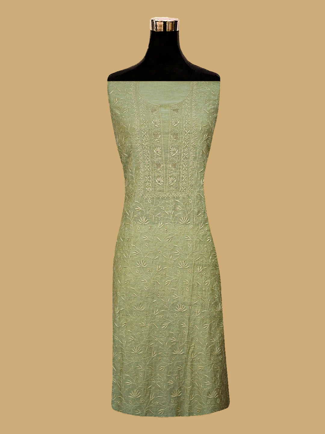 Ada Hand Embroidered Light Green Tissue Lucknowi Chikankari Unstitched Kurta Dupatta Set 01A661933