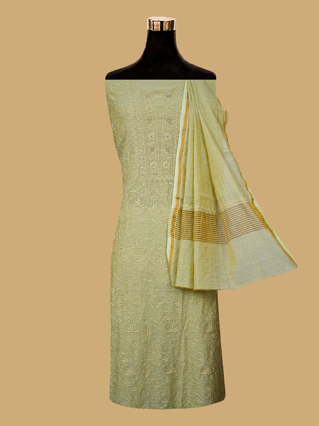 Ada Hand Embroidered Light Green Tissue Lucknowi Chikankari Unstitched Kurta Dupatta Set 01A661933